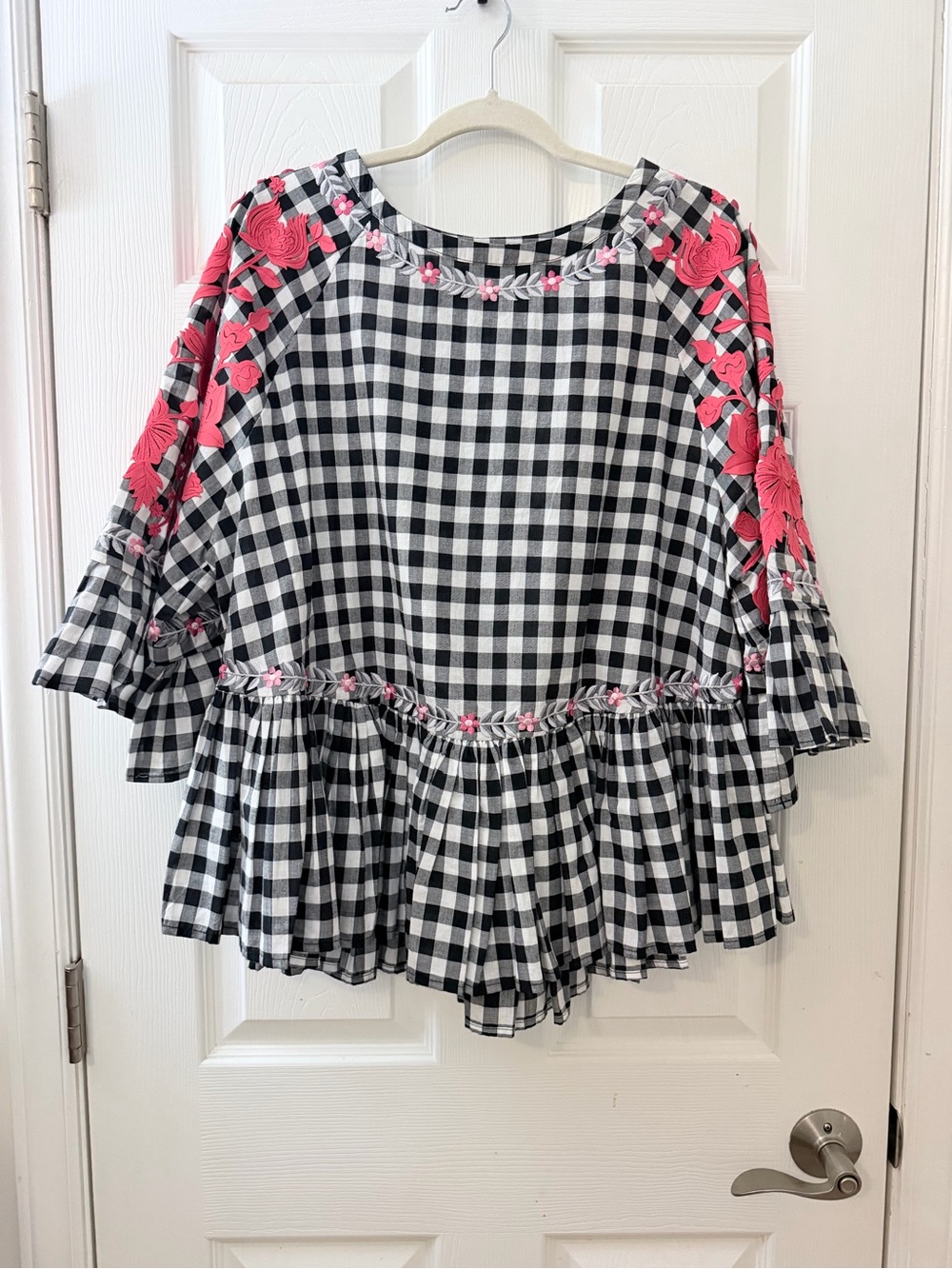 Anthropologie pankaj & nidhi gingham embroidered peplum blouse sz L